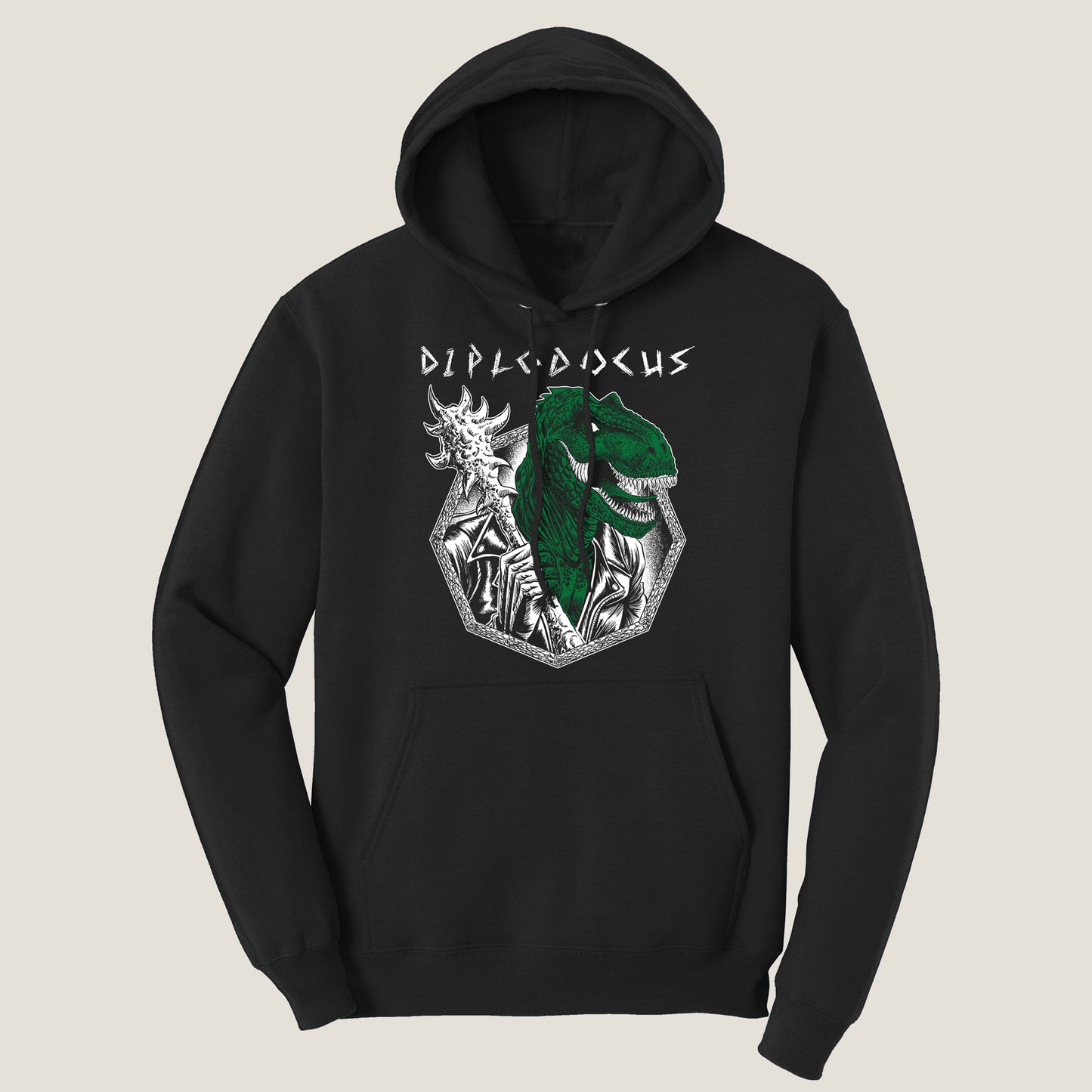 A black hoodie with a colorful illustration of a green dinosaur holding a spiked club with the word "Diplodocus" overhead.