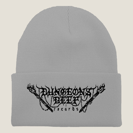 Dungeons Deep Records logo beanie in gray with black stitching featuring an embroidered logo on the front.