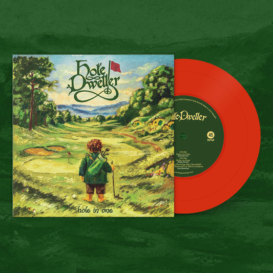 Vinyl 7" red Hole Dweller record with a colorful cover featuring a golf course and 'Hole Dweller' branding on a green background.