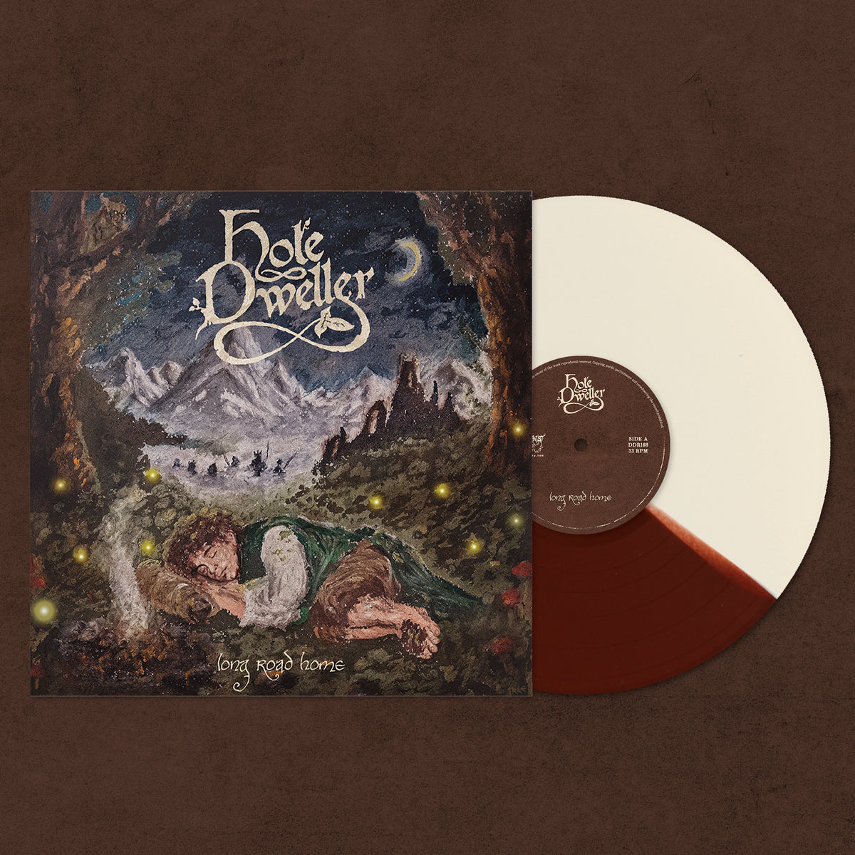 A vinyl record album shown with its illustrated sleeve on a dark brown textured background. The sleeve features fantasy artwork of a sleeping figure in a forest with mountains and a moon, and the title 'Hole Dweller' is visible.