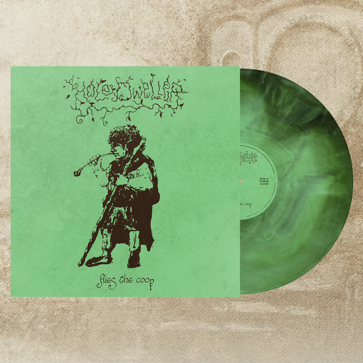 Vinyl record of Hole Dweller flies the coop with green cover featuring a brown illustration of a Hobbit smoking a longpipe on a textured beige background. The vinyl is a swirled green and brown collectors edition.