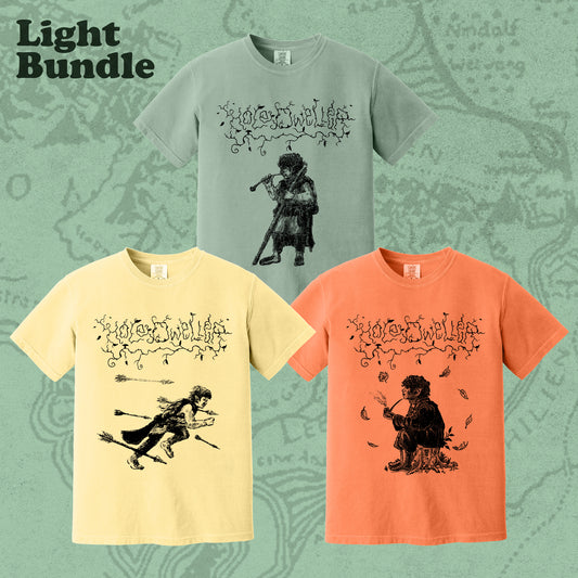 Hole Dweller flies the coop T-Shirt Light Bundle showing a light yellow, light green and light orange tshirt on a light green backdrop.