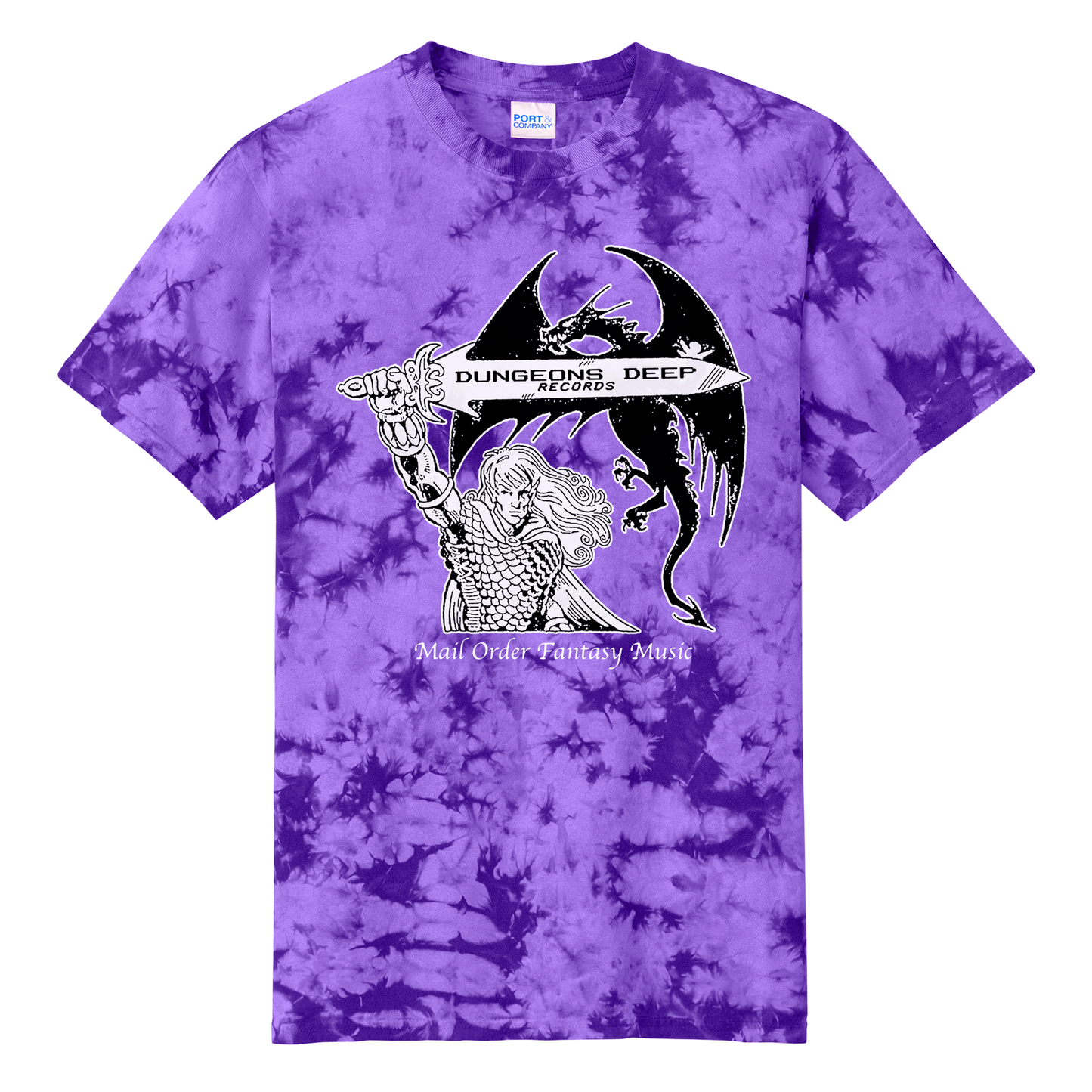 A purple tie dye shirt featuring 'Mail Order Fantasy Music' text and illustrations screen printed on the front. The design depicts a man holding a sword with the words "Dungeons Deep Records" inscribed next to a fantasy dragon.
