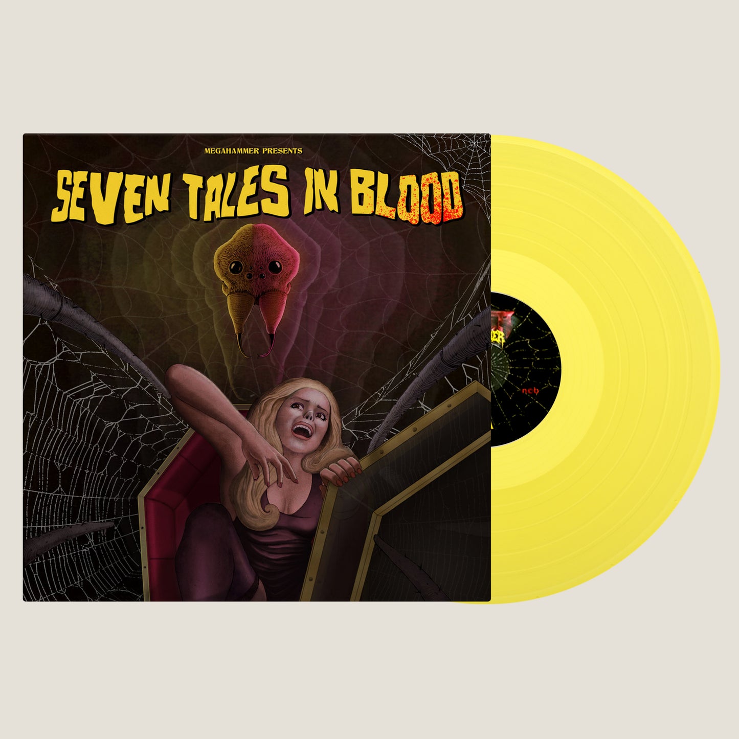 A yellow vinyl record of Megahammer "Seven Tales in Blood" LP