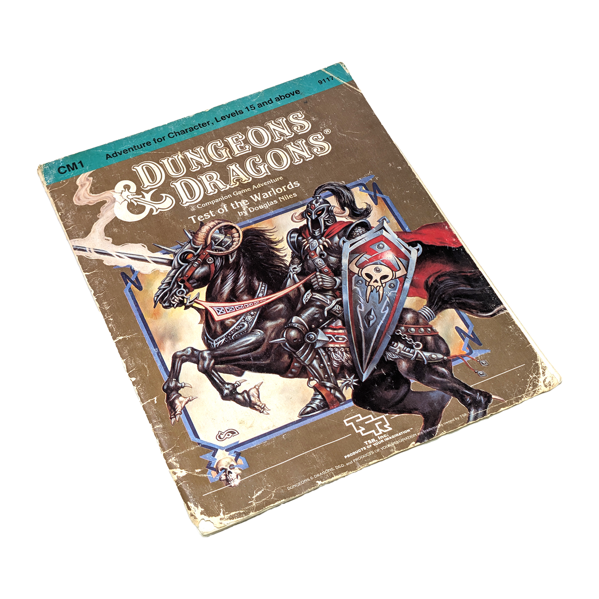 Dungeons & Dragons Test of the Warlord CM1 character creation reference book cover, featuring an illustration of an armored warrior on a black horse against a distressed brown background.