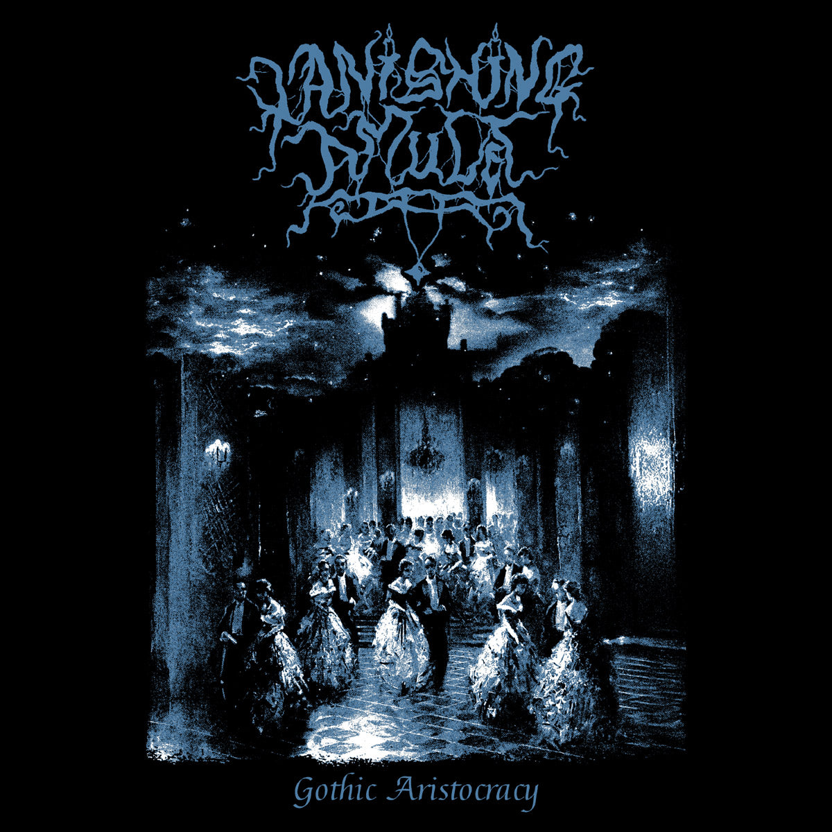 Shirt design with a gothic scene of people dancing in a dimly lit room, featuring the band's name Vanishing Amulet at the top. The design is blue and white on a black background.