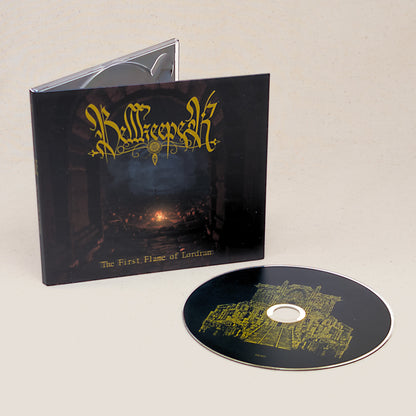 CD of Bellkeeper's First Flame of Lordran sitting next to the CD case with graphics of a sword in a fire.