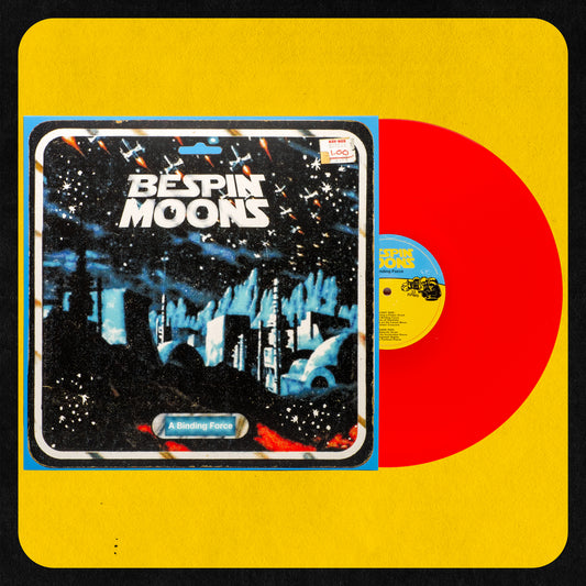 A vinyl record titled 'Bespin Moons A Binding Force' with a stylized cover featuring a star wars theme at night and the album title in bold letters. The record is transparent red.
