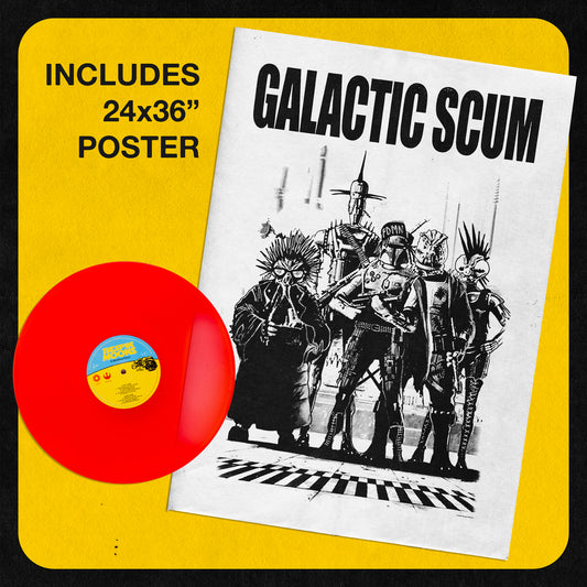 A transparent red vinyl of Bespin Moons a Binding Force sits next to a 24x36" black and white poster that reads "Galactic Scum" and shows bounty hunters wearing punk rock garb. Set against a yellow backdrop.