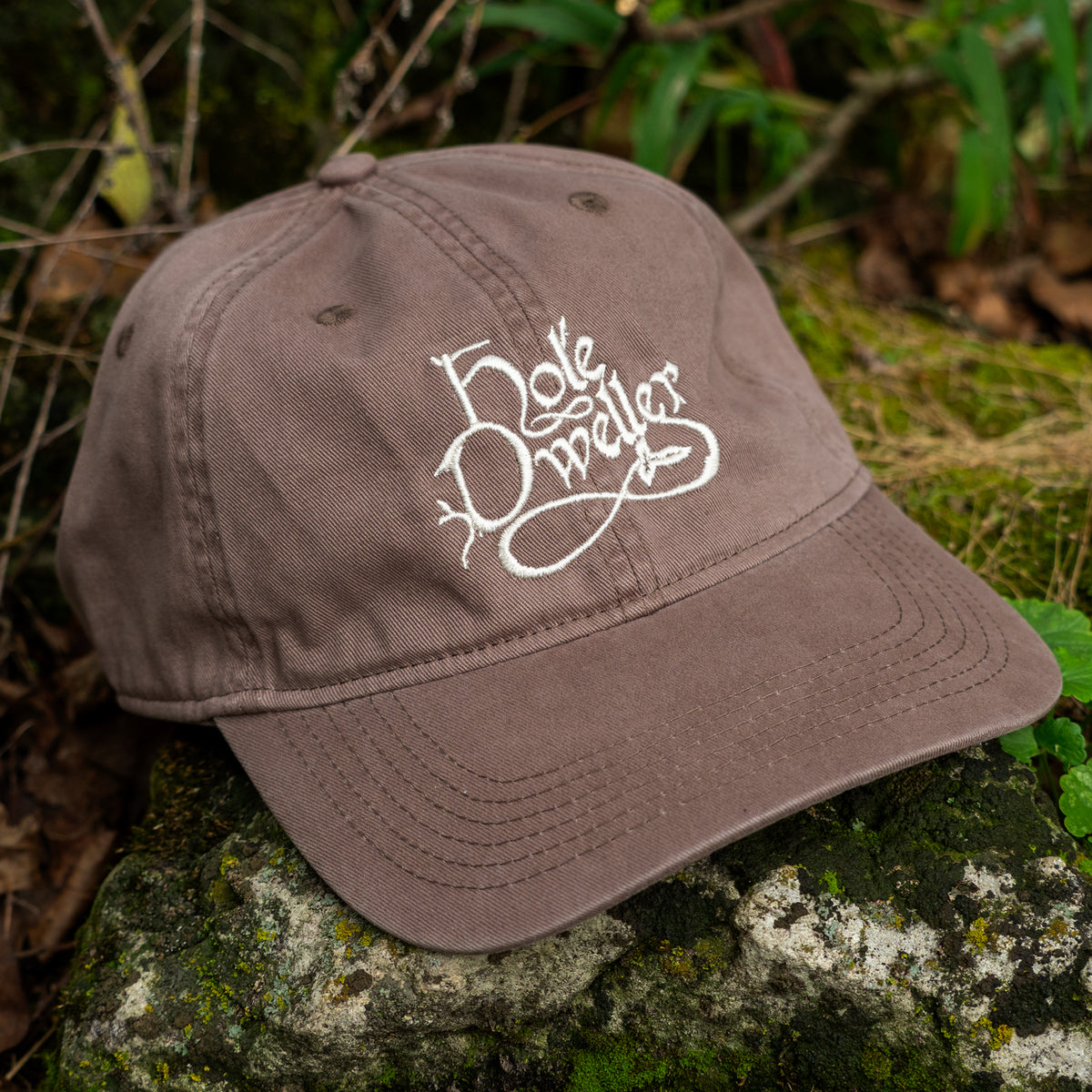 A brown cotton baseball cap with white embroidered text reading 'Hole Dweller' resting on a mossy rock outdoors.
