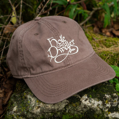 A brown cotton baseball cap with white embroidered text reading 'Hole Dweller' resting on a mossy rock outdoors.