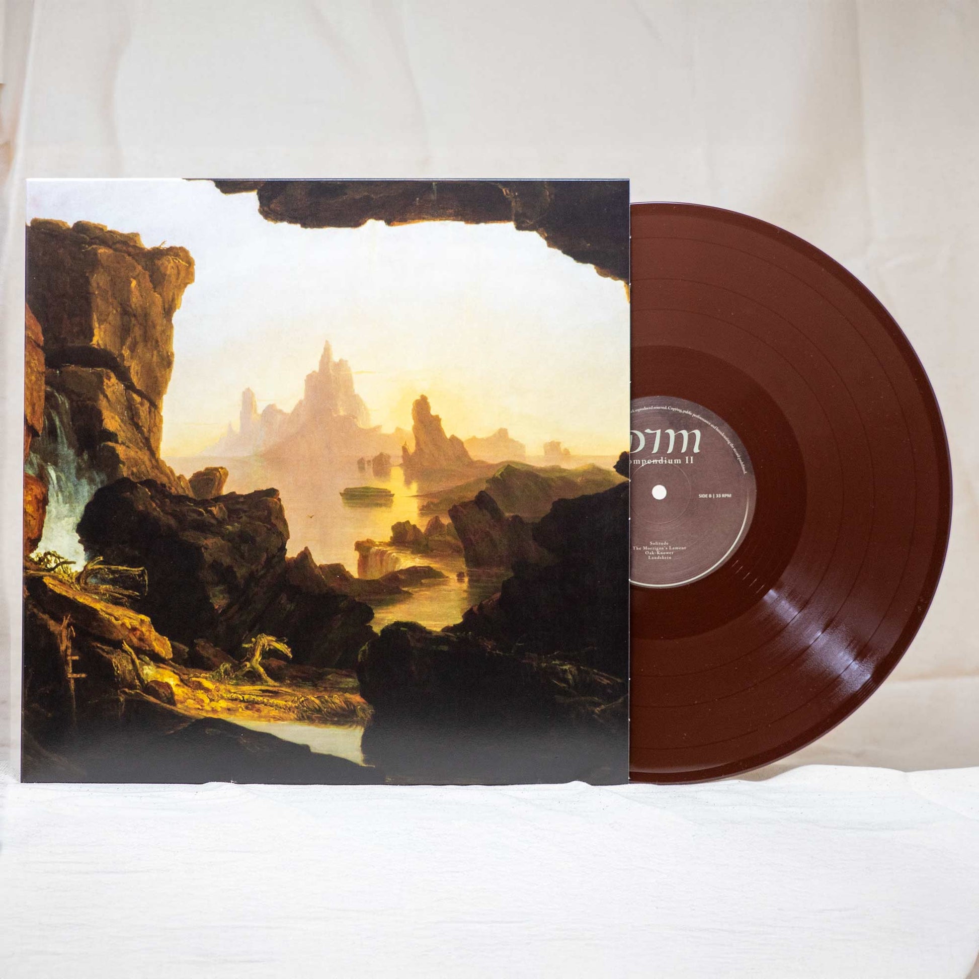 A vinyl record titled 'Compendium II' by DIM with a fantasy landscape artwork on the cover. The vinyl color is brown.