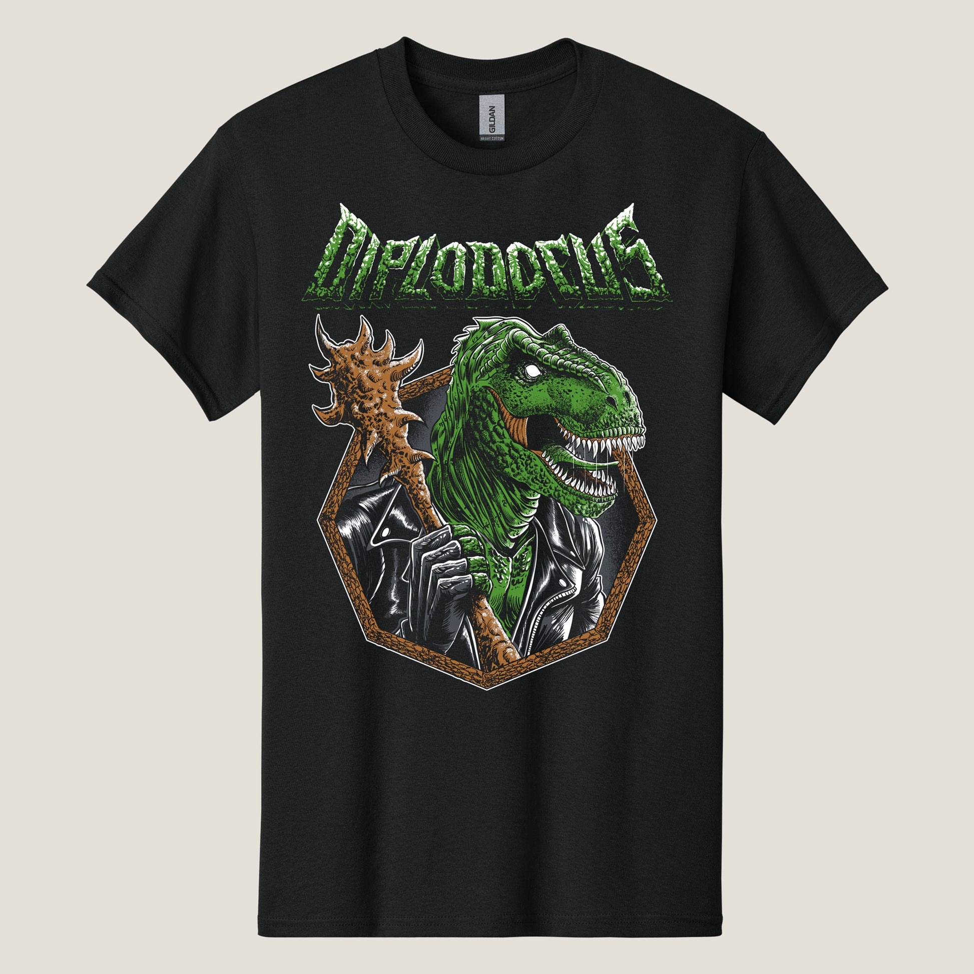 A black T-shirt featuring a colorful graphic of a dinosaur with spiked club and large teeth with the Diplodocus logo arched over the top in green.