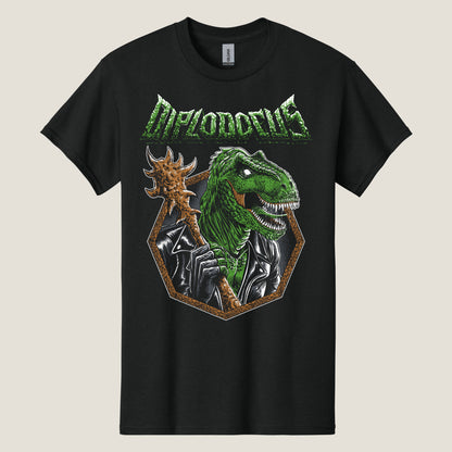 A black T-shirt featuring a colorful graphic of a dinosaur with spiked club and large teeth with the Diplodocus logo arched over the top in green.