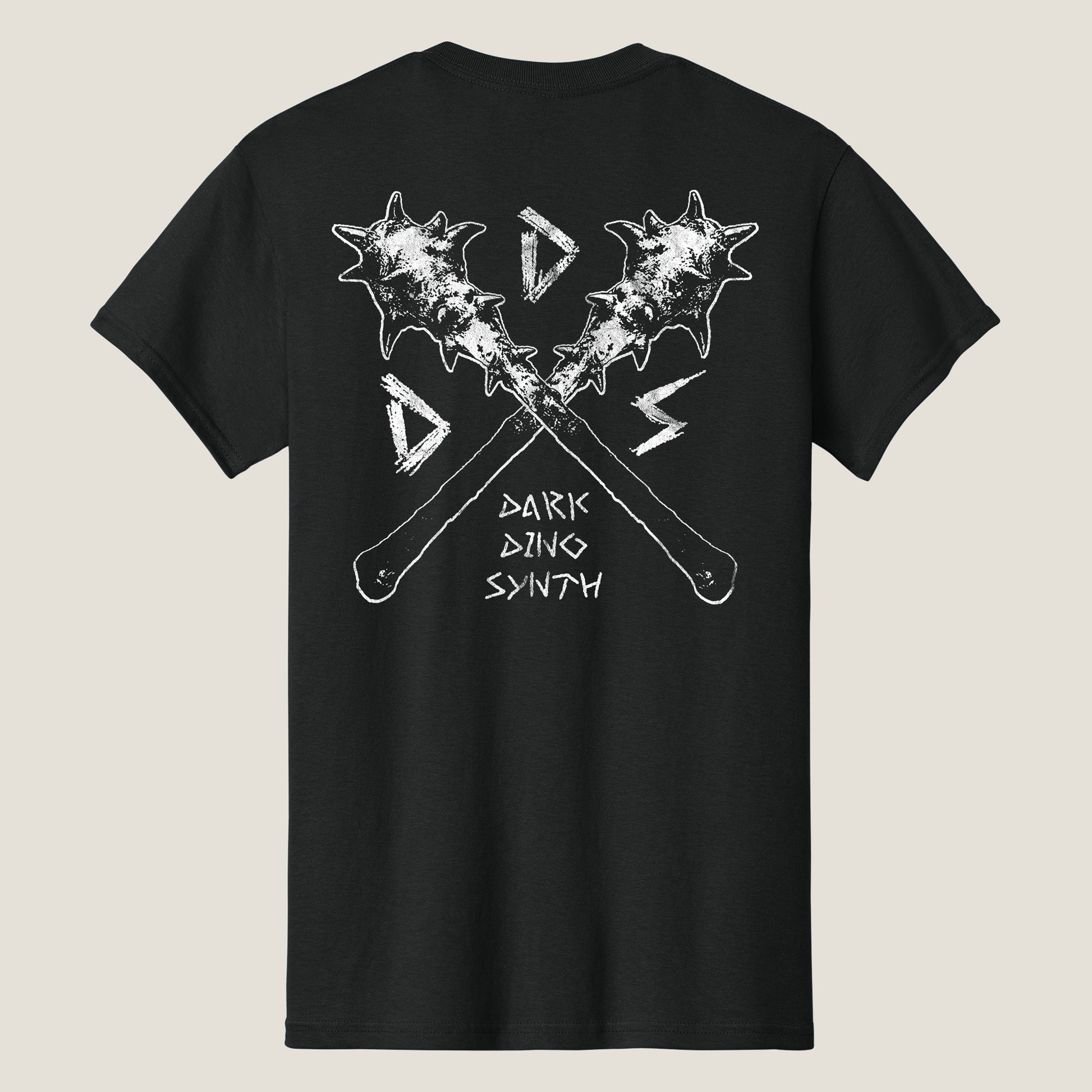 Back of a black t-shirt with print of two crossed spiked clubs and the phrase Dark Dino Synth printed in white ink.
