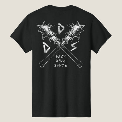 Back of a black t-shirt with print of two crossed spiked clubs and the phrase Dark Dino Synth printed in white ink.