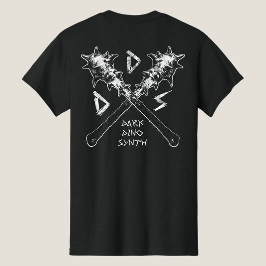 Back of a black t-shirt with print of two crossed spiked clubs and the phrase Dark Dino Synth printed in white ink.
