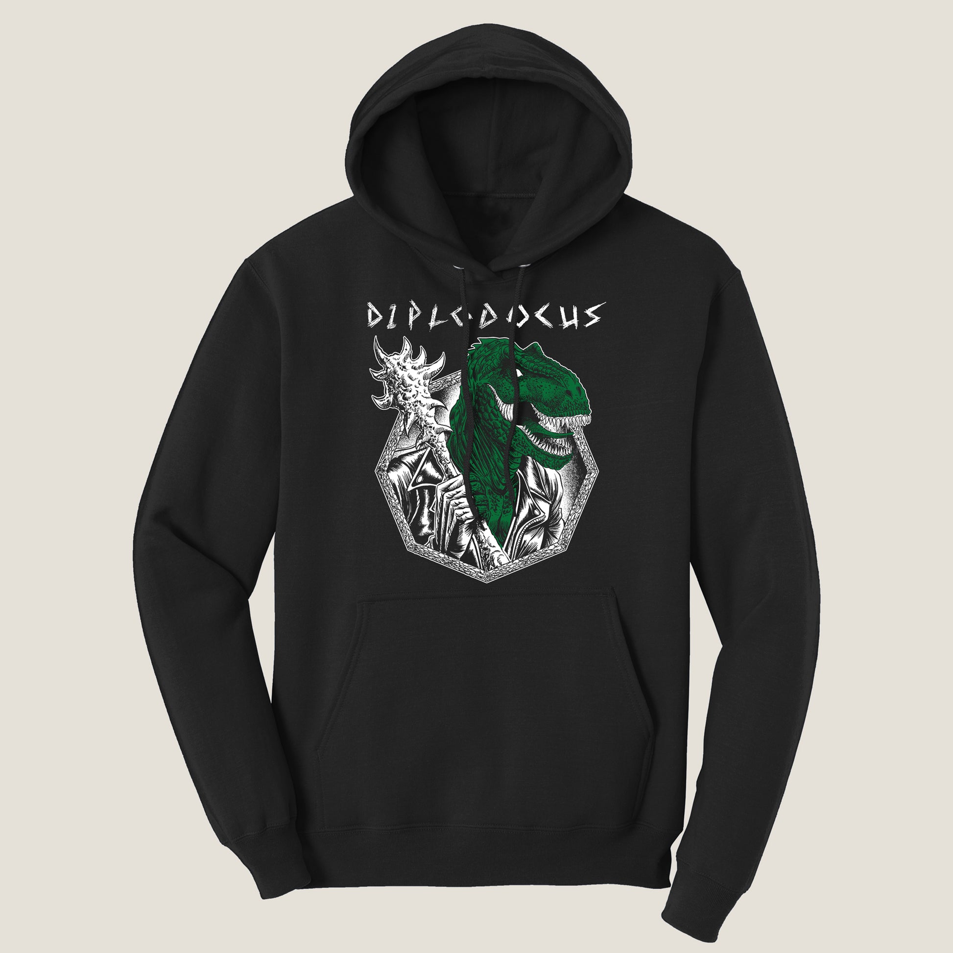A black hoodie with a colorful illustration of a green dinosaur holding a spiked club with the word "Diplodocus" overhead.