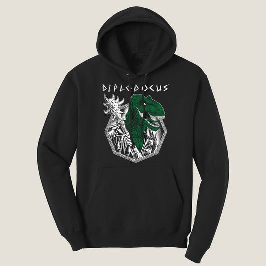A black hoodie with a colorful illustration of a green dinosaur holding a spiked club with the word "Diplodocus" overhead.
