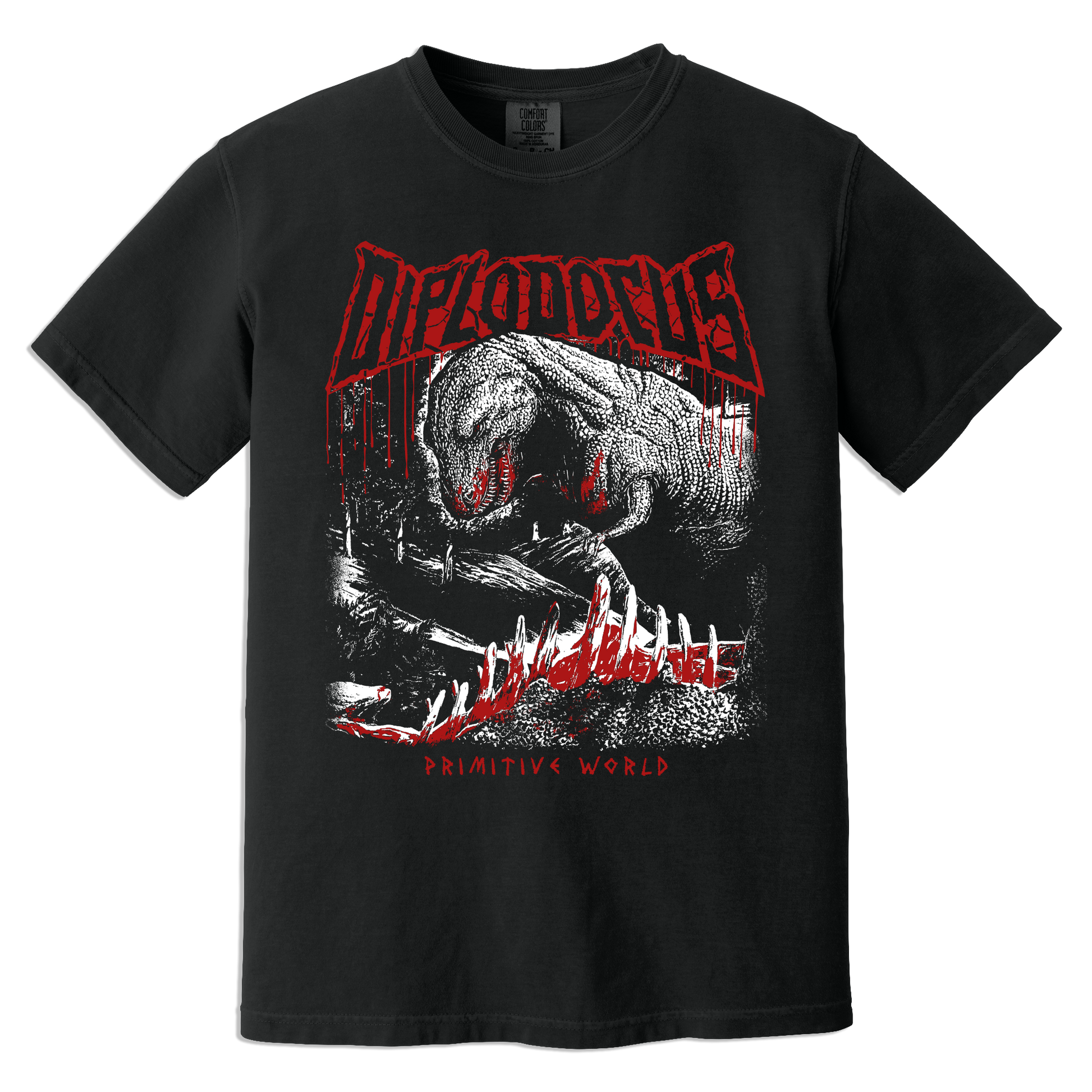 A black short-sleeve graphic t-shirt featuring a large red and white print of a dinosaur with sharp teeth feasting on prey and the word 'DIPLODOCUS' in a distressed red font across the chest. Below the shirt reads "Primitive World"