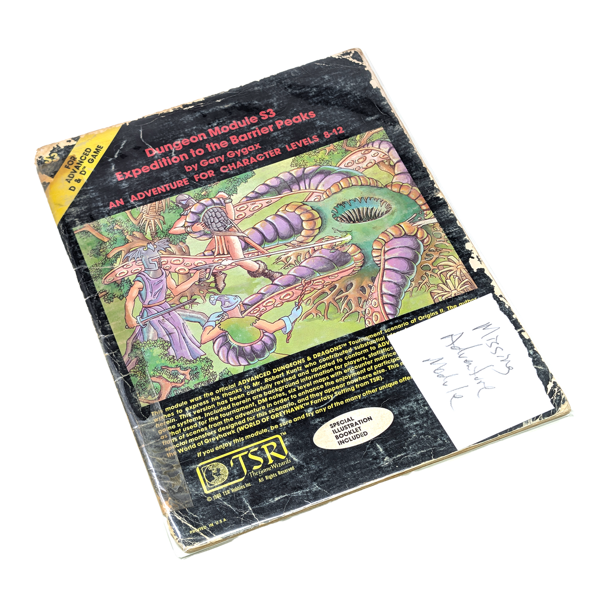 A vintage TSR fantasy tabletop gaming supplement box for Dungeon Module 53, featuring colorful creature artwork on a worn black cover with a yellow TSR logo and a white handwritten inventory sticker.