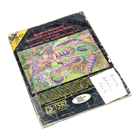 A vintage TSR fantasy tabletop gaming supplement box for Dungeon Module 53, featuring colorful creature artwork on a worn black cover with a yellow TSR logo and a white handwritten inventory sticker.