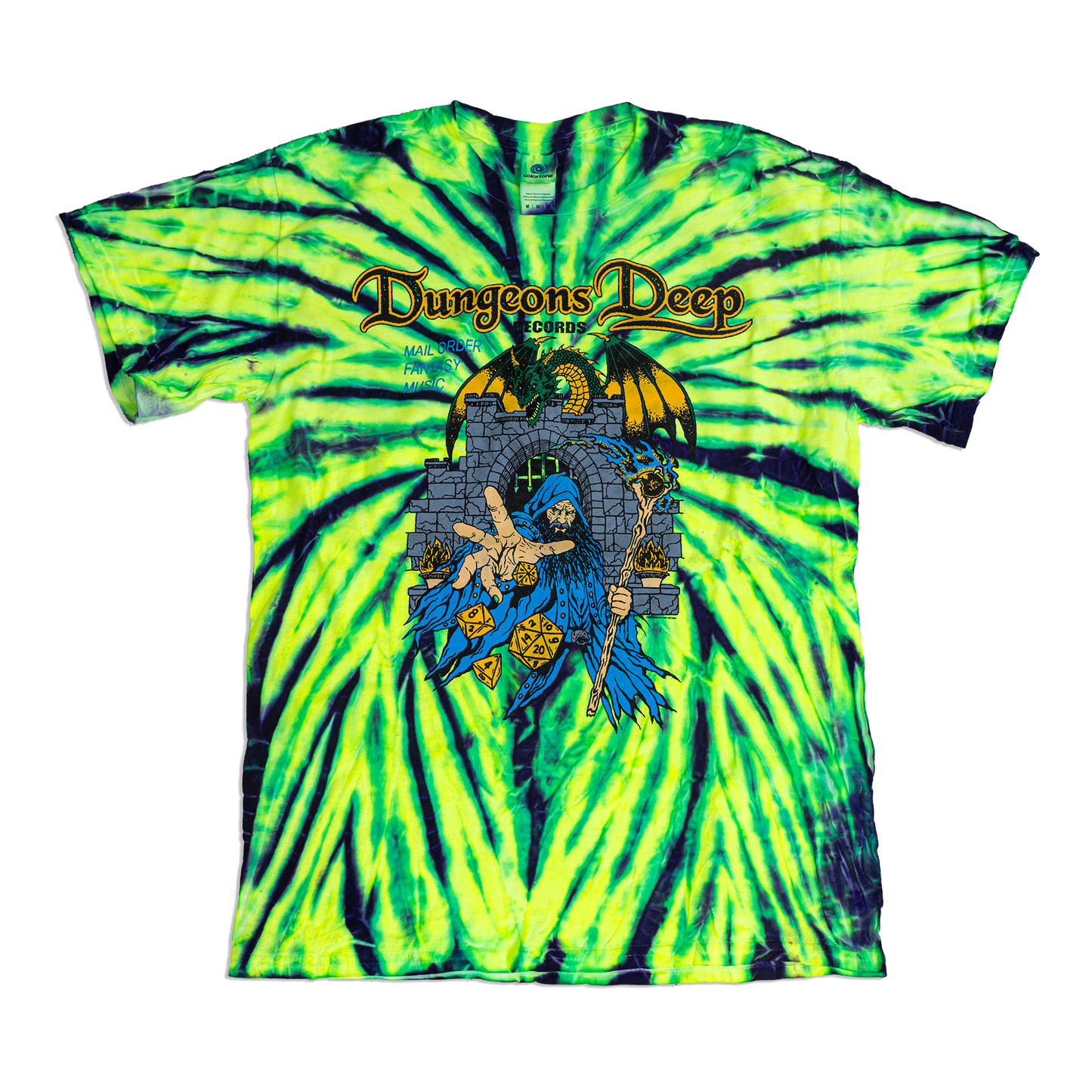 A short-sleeve crewneck t-shirt featuring a vibrant lime green and black tie-dye swirl pattern, with a fantasy graphic of a wizard and a castle on the front under the text 'Dungeons Deep'.
