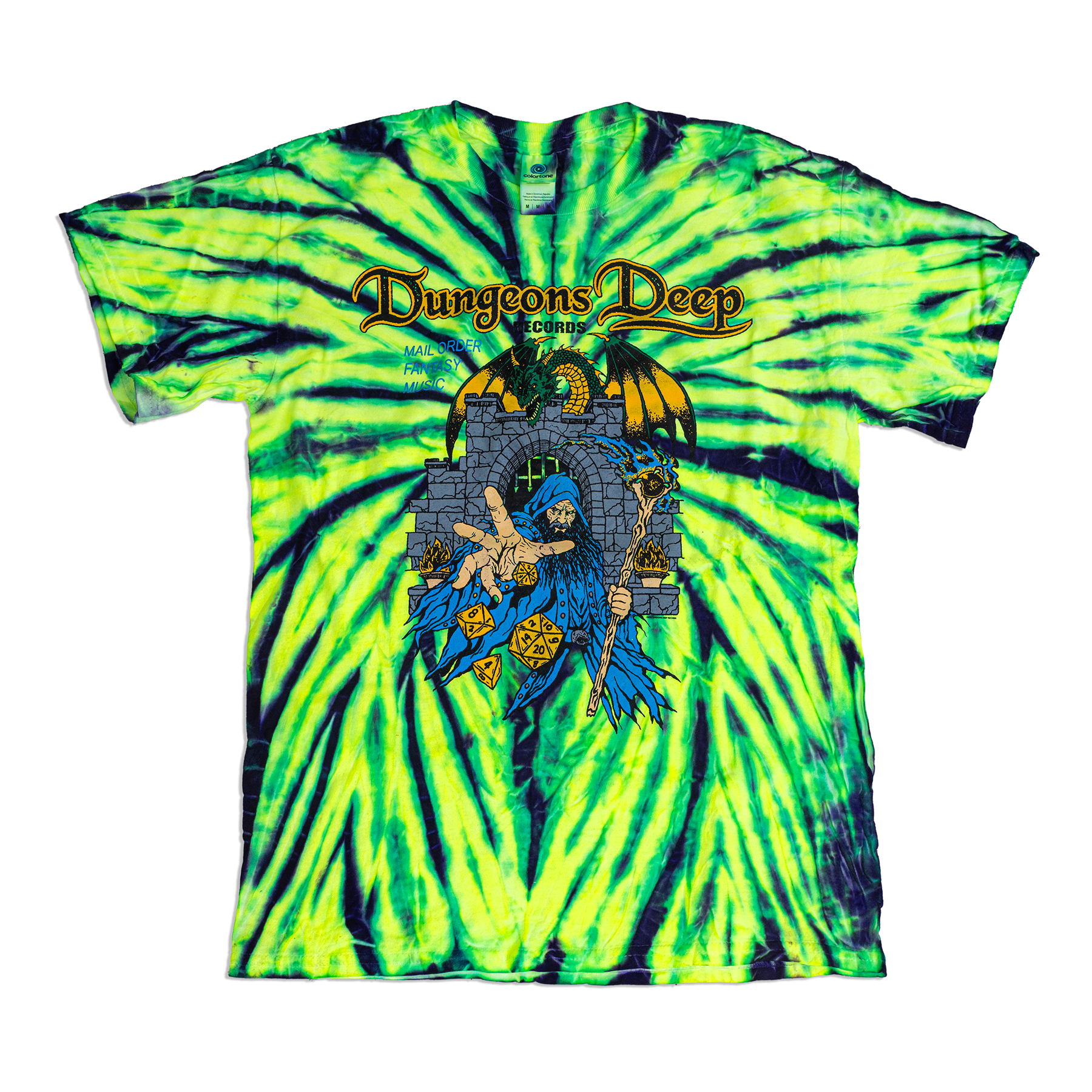 A short-sleeve crewneck t-shirt featuring a vibrant lime green and black tie-dye swirl pattern, with a fantasy graphic of a wizard and a castle on the front under the text 'Dungeons Deep'.