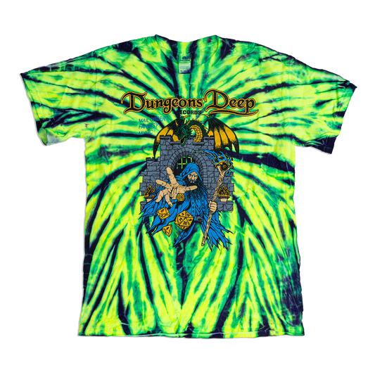 A short-sleeve crewneck t-shirt featuring a vibrant lime green and black tie-dye swirl pattern, with a fantasy graphic of a wizard and a castle on the front under the text 'Dungeons Deep'.