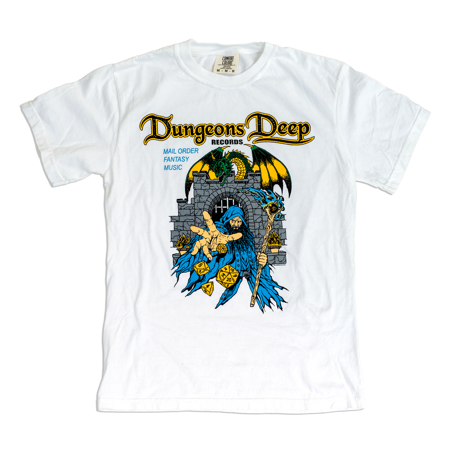 A white short-sleeve t-shirt with a graphic print for 'Dungeons Deep Records', featuring a blue-robed fantasy character, a gray stone tower, and a green dragon, displayed flat against a white background.