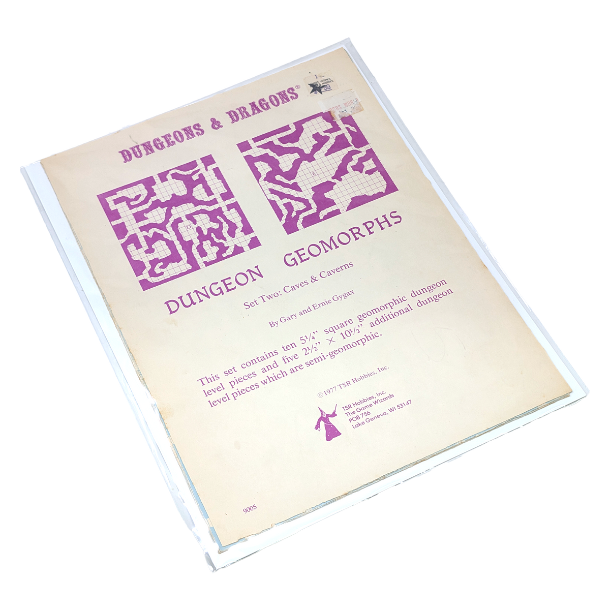 Dungeons & Dragons Dungeon Geomorphs set of two cave and cavern level design dice, shown in a clear plastic sleeve on a white background.