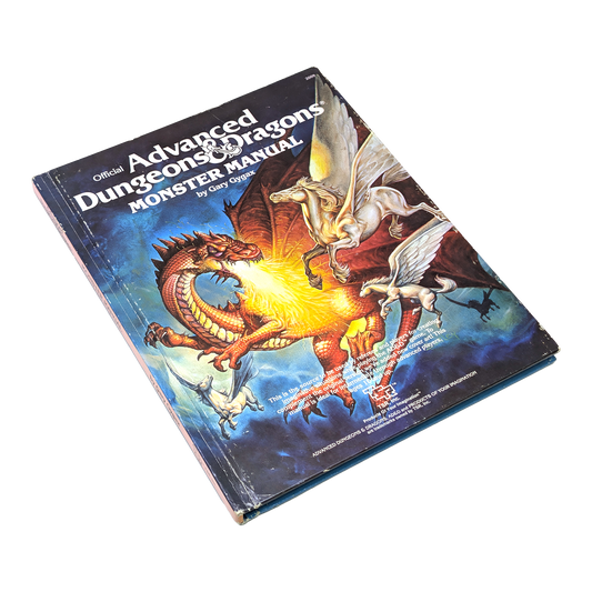 Official Advanced Dungeons Dragons Monster Manual 3rd Edition by Gary Guts, featuring a vibrant cover illustration of a red dragon breathing fire and white winged creatures against a blue background.