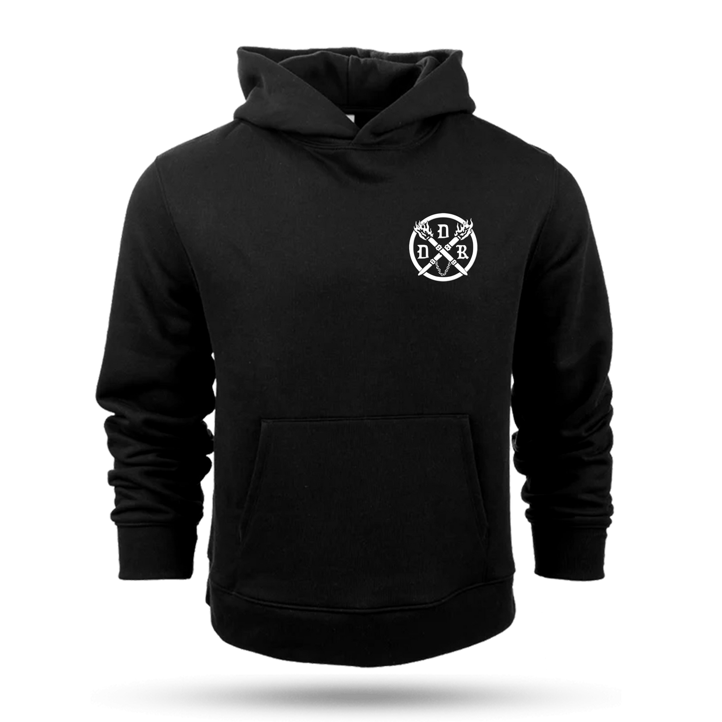 Black hoodie with a white embroidered Dungeons Deep Records emblem on the left chest against a white background
