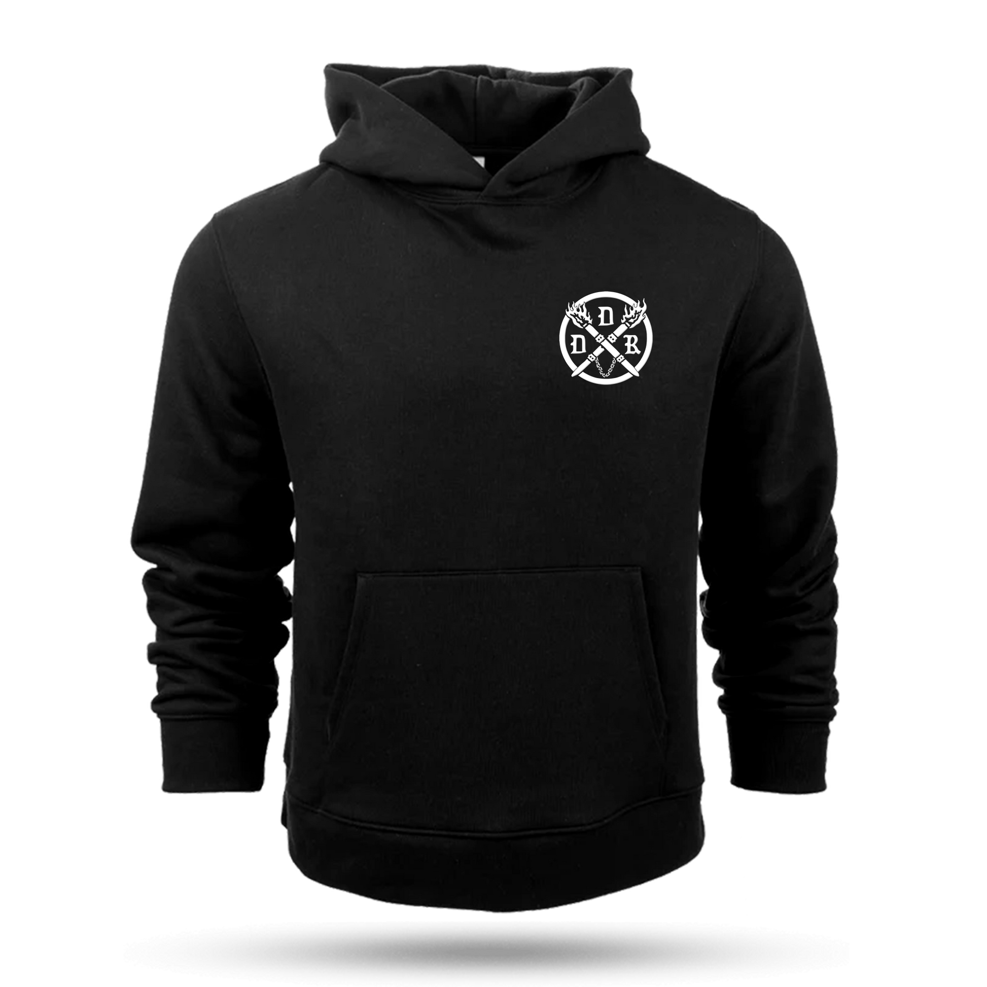 Black hoodie with a white embroidered Dungeons Deep Records emblem on the left chest against a white background