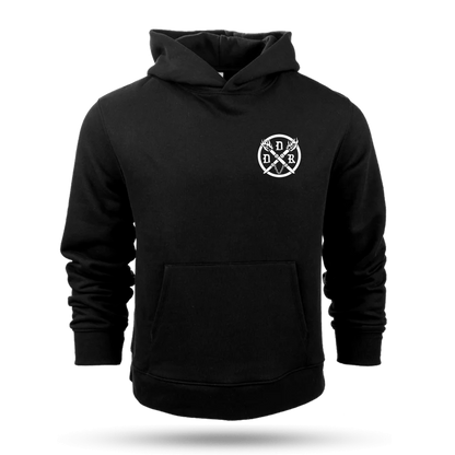 Black hoodie with a white embroidered Dungeons Deep Records emblem on the left chest against a white background