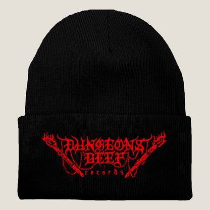 Dungeons Deep Records logo beanie in black with red stitching featuring an embroidered logo on the front.