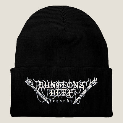 Dungeons Deep Records logo beanie in black with white stitching featuring an embroidered logo on the front.