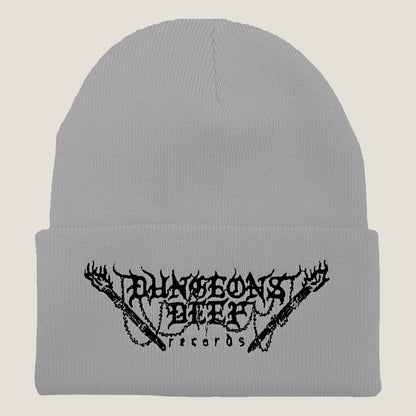 Dungeons Deep Records logo beanie in gray with black stitching featuring an embroidered logo on the front.