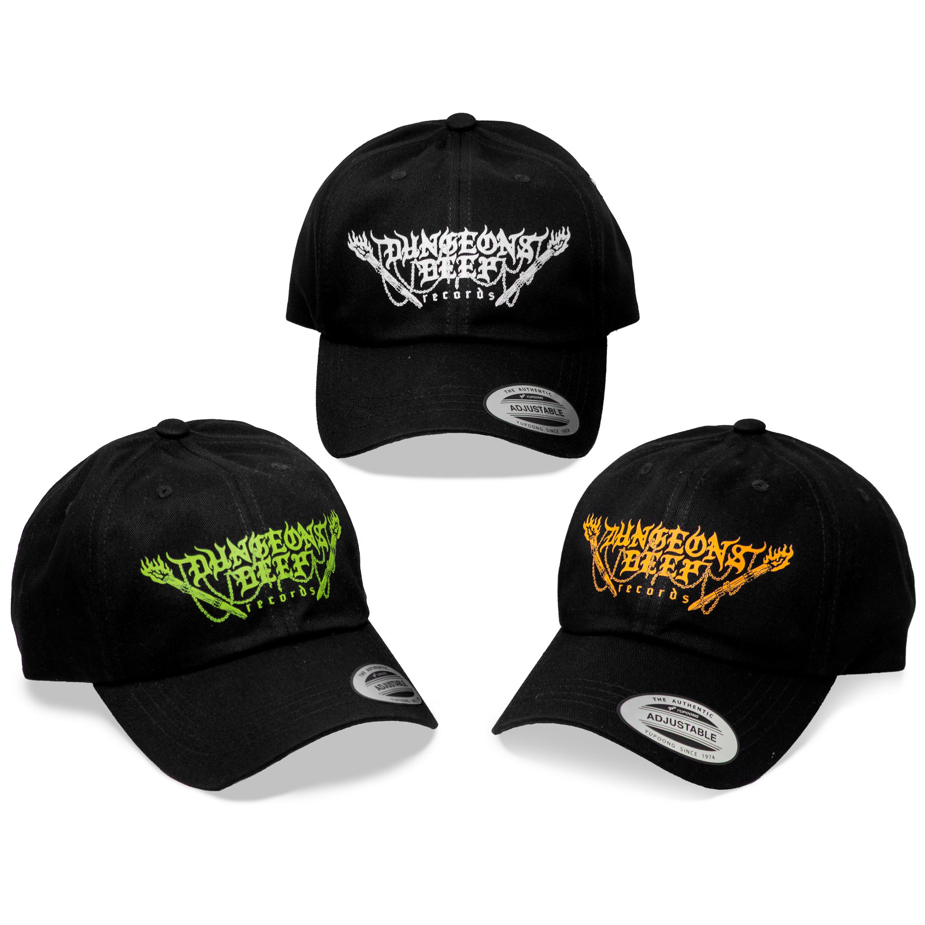 Three Dungeons Deep Records Logo Classic Dad Hats. All hats are black and feature the Dungeons Deep Records logo in varying colors of green, white and orange.