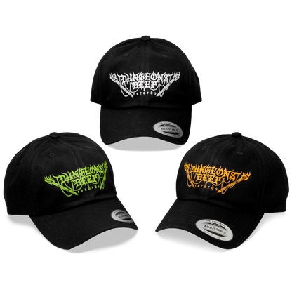 Three Dungeons Deep Records Logo Classic Dad Hats. All hats are black and feature the Dungeons Deep Records logo in varying colors of green, white and orange.