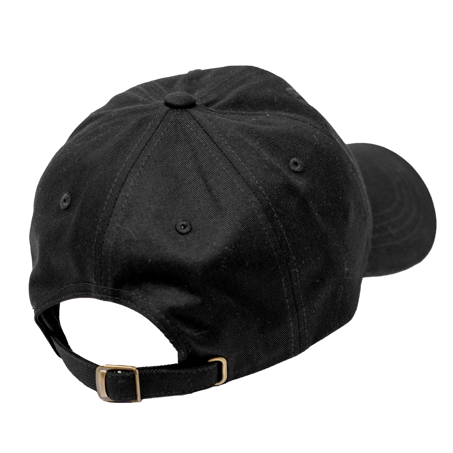 Dungeons Deep Records black dad hat back showing the antique brass clasp