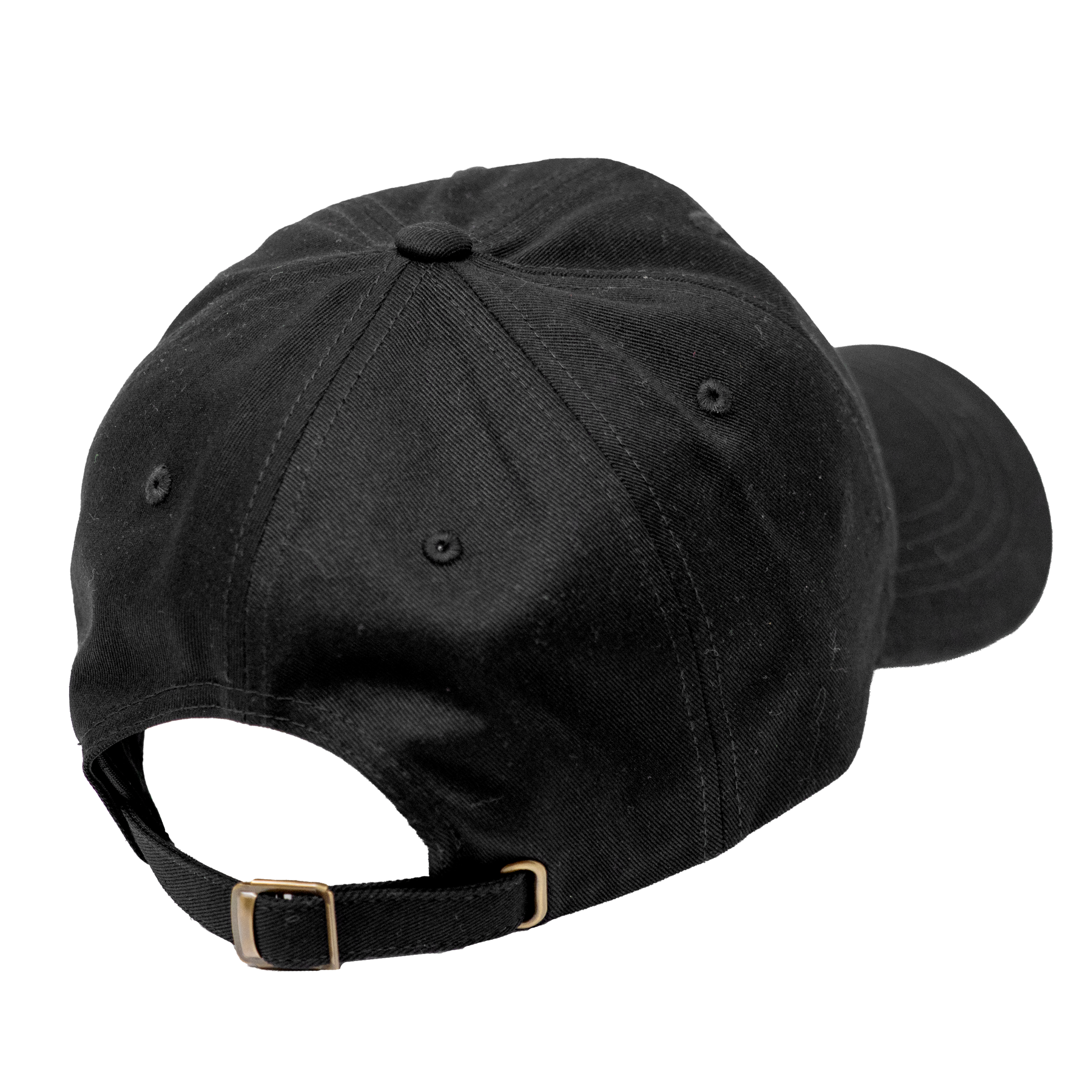 Dungeons Deep Records black dad hat back showing the antique brass clasp