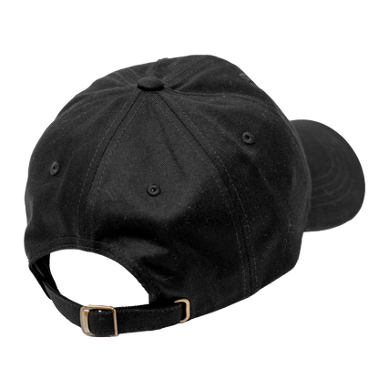 Dungeons Deep Records black dad hat back showing the antique brass clasp