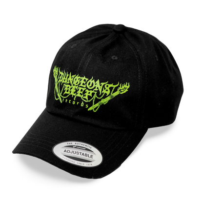 Dungeons Deep Records black dad hat with green logo imprint.