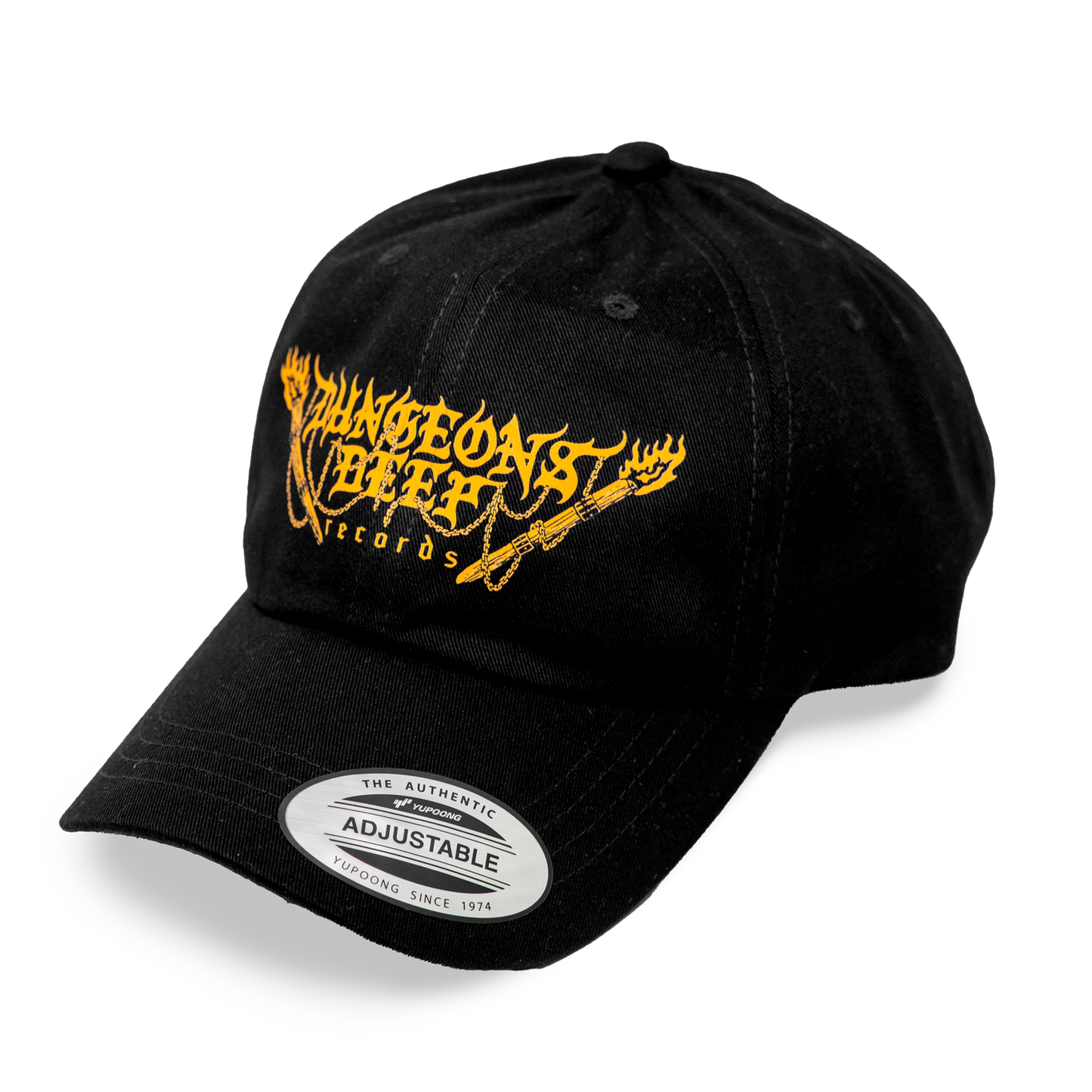 Dungeons Deep Records black dad hat with orange logo imprint.