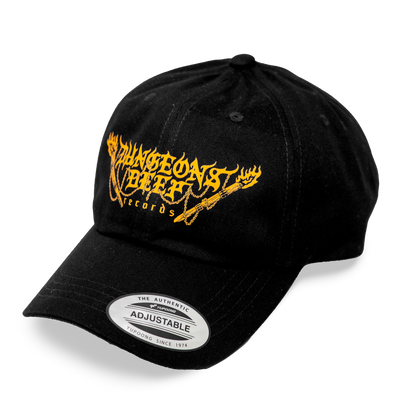 Dungeons Deep Records black dad hat with orange logo imprint.