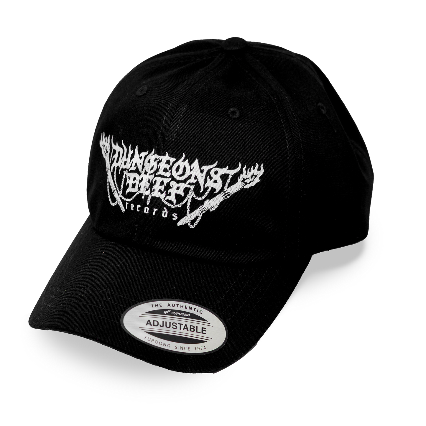 Dungeons Deep Records black dad hat with white logo imprint.