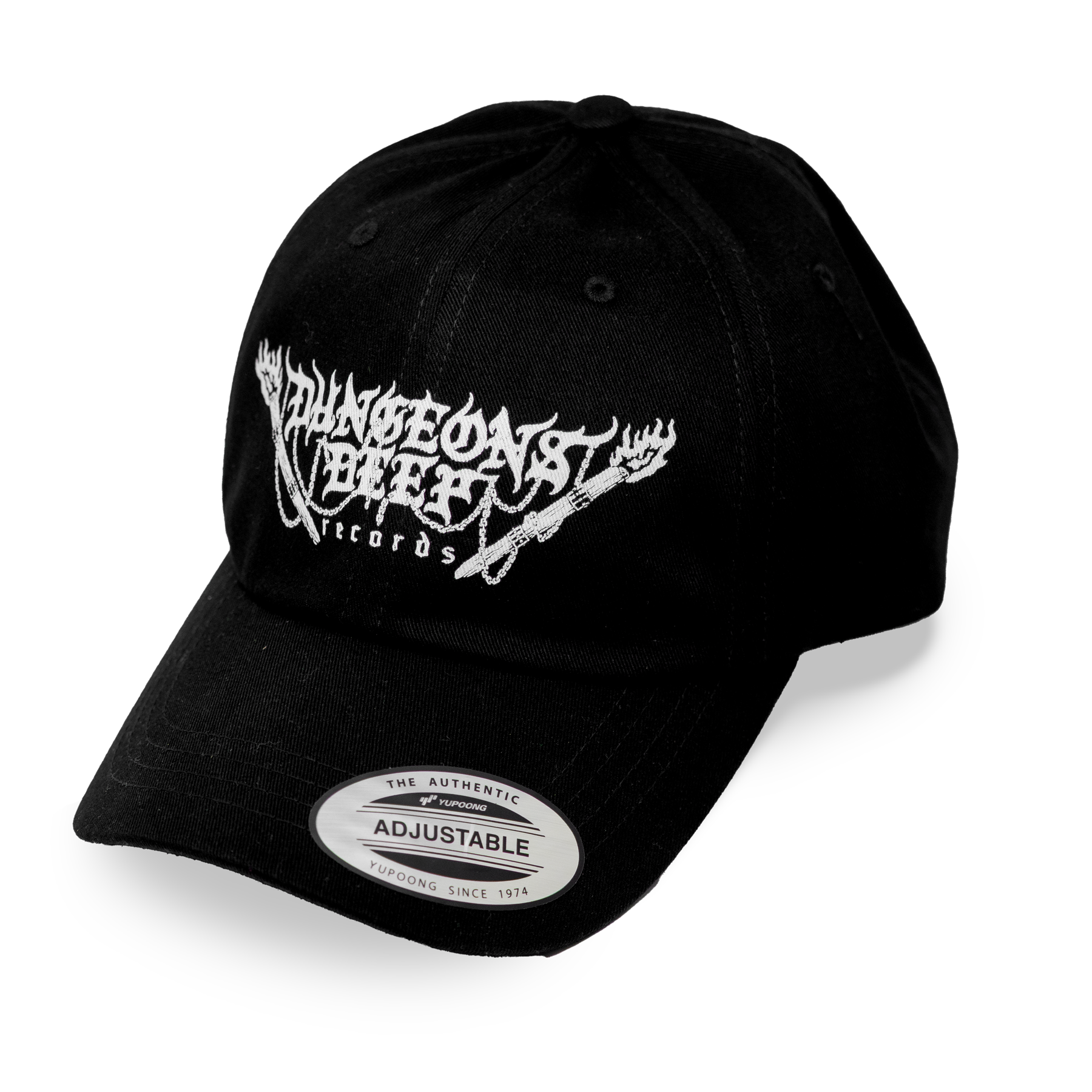 Dungeons Deep Records black dad hat with white logo imprint.