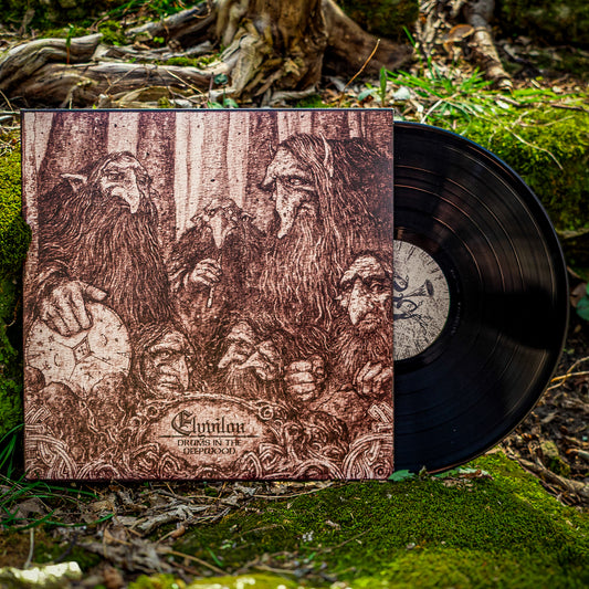 Vinyl record with cover featuring engraved images of dwarves on a natural background. The vinyl is black and perched on a bed of moss.
