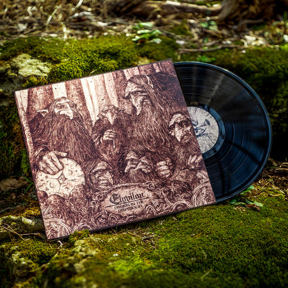 Vinyl record with cover featuring engraved images of dwarves on a natural background. The vinyl is black and perched on a bed of moss.